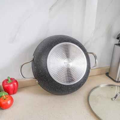 Gambar Starfrit The Rock Wajan Penggorengan Wok Dengan Tutup & Gagang Aluminium 32 cm - Hitam