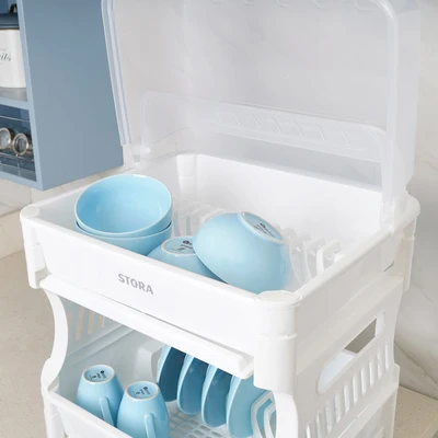 Gambar Stora Rak Piring 2 Tingkat Dengan Tray & Cover - Putih