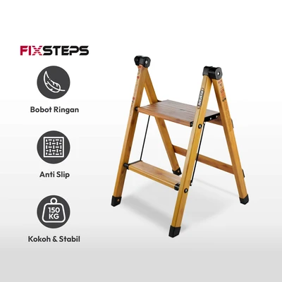 Gambar Fixsteps Tangga Lipat Aluminium Slim 2 Step Motif Kayu 63 cm
