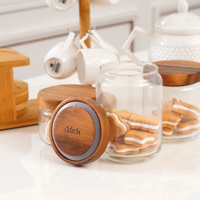 Gambar Delicia Stoples Kaca Wooden 325 ml Transparan - Cokelat