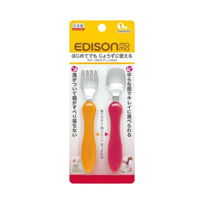 Gambar Edison Mama Set Alat Makan Anak Mini - Oranye/pink Cherry