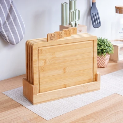 Gambar Cooking Color Misaki Talenan Bambu Dengan Stander 37.5x7.8x30 cm Set 4 pcs - Cokelat