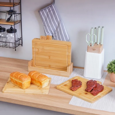 Gambar Cooking Color Misaki Talenan Bambu Dengan Stander 37.5x7.8x30 cm Set 4 pcs - Cokelat