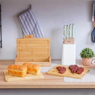 Gambar Cooking Color Misaki Talenan Bambu Dengan Stander 37.5x7.8x30 cm Set 4 pcs - Cokelat