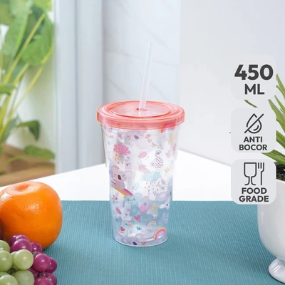 Gambar Krishome Botol Minum Tumbler Plastik Dengan Sedotan Koala 450 ml - Pink