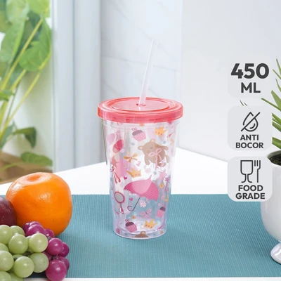 Gambar Krishome Botol Minum Tumbler Plastik Dengan Sedotan Bear 450 ml - Merah