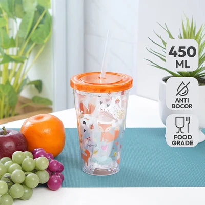 Gambar Krishome Botol Minum Tumbler Plastik Dengan Sedotan Fox 450 ml - Oranye