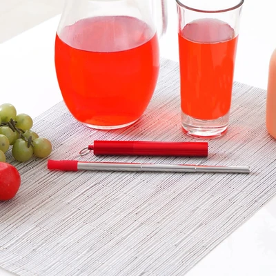 Gambar Delicia Sedotan & Sikat Extendable Stainless Steel Dengan Tempat - Merah