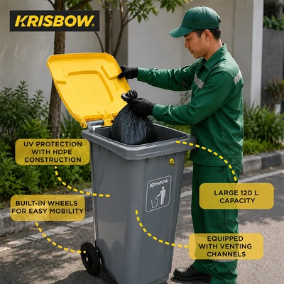 Gambar Krisbow New Eco Tempat Sampah Tutup Angkat Plastik Dengan Roda 120 Liter - Abu-Abu