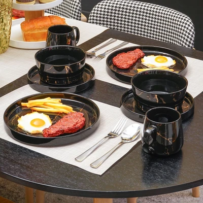Gambar Appetitey Abbey Perlengkapan Makan Marble Set 16 pcs - Hitam