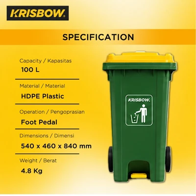 Gambar Krisbow Tempat Sampah Pedal Plastik Dengan Roda 100 Liter - Hijau/Kuning