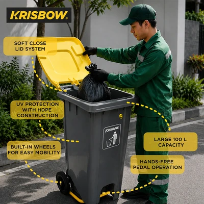Gambar Krisbow Tempat Sampah Pedal Plastik Dengan Roda 100 Liter - Abu-Abu