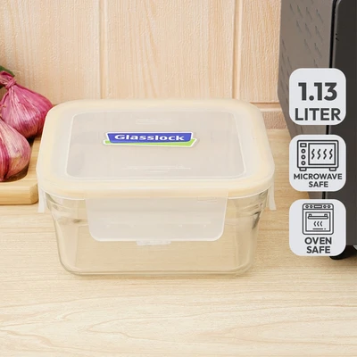 Gambar Glasslock Wadah Makanan Tempered Glass Oven Smart Square 1.13 Liter - Kuning