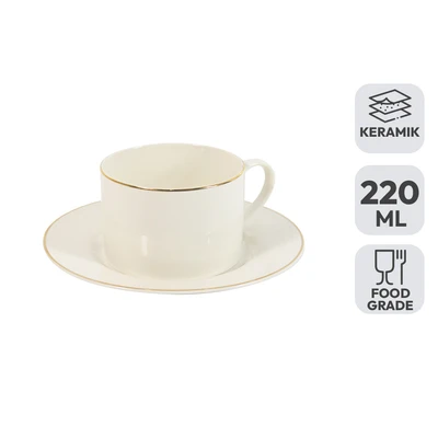 Gambar Delicia Cangkir Keramik Dengan Saucer Goldline 220 ml - Krem