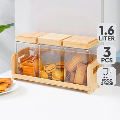 Gambar Informa Carley Stoples Kaca Dengan Rak 1.6 Liter Set 3 pcs Transparan - Cokelat