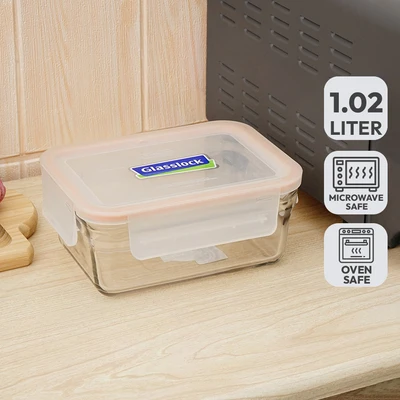 Gambar Glasslock Wadah Makanan Tempered Glass Oven Smart Rectangle 1.02 Liter - Oranye