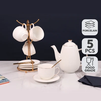 Gambar Appetite Leroy Teko & Cangkir Teh Porcelain Dengan Saucer 1.3 Liter Set 5 pcs - Putih