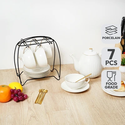 Gambar Appetite Pcs Lucille Teko & Cangkir Teh Porcelain Dengan Saucer 1.3 Liter Set 7 pcs - Putih