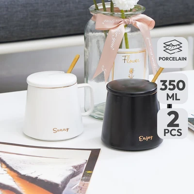 Gambar Appetite Savon Mug Porcelain Dengan Tutup & Pengaduk 350 ml Set 2 pcs - Hitam/Putih