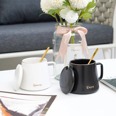 Gambar Appetite Savon Mug Porcelain Dengan Tutup & Pengaduk 350 ml Set 2 pcs - Hitam/Putih