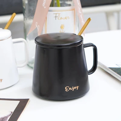 Gambar Appetite Savon Mug Porcelain Dengan Tutup & Pengaduk 350 ml Set 2 pcs - Hitam/Putih