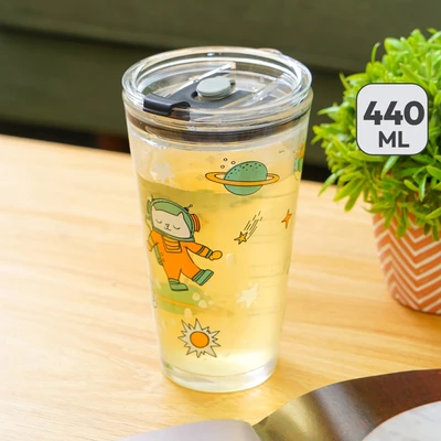 Gambar Selma Jeni Gelas Tumbler Kaca Dengan Tutup & Sedotan 440 ml Transparan