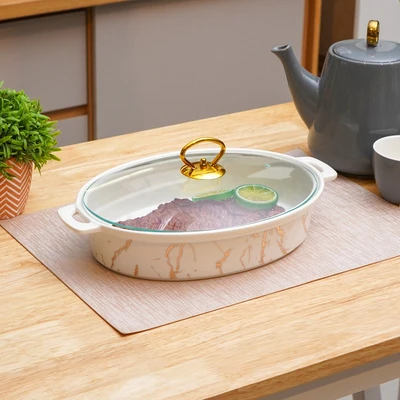 Gambar Appetite 33 cm Wadah Saji Casserole Porcelain Oval Marble - Putih