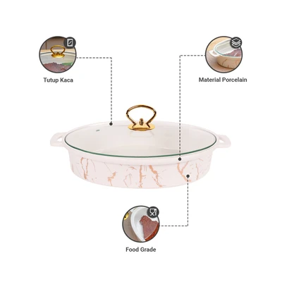 Gambar Appetite 33 cm Wadah Saji Casserole Porcelain Oval Marble - Putih