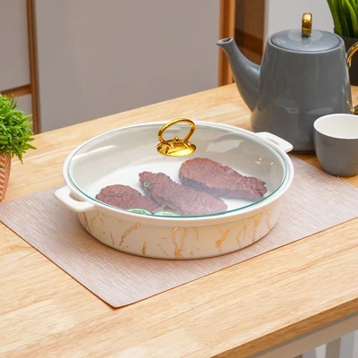 Gambar Appetite Wadah Saji Casserole Porcelain Round Marble 33 cm - Putih