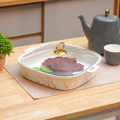 Gambar Appetite Wadah Saji Casserole Porcelain Marble 33 cm - Gold