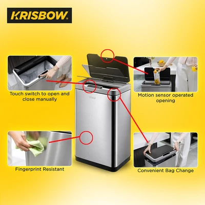 Gambar Krisbow Tempat Sampah Sensor Gerak Stainless Steel Rectangle 30 Liter - Hitam/Silver