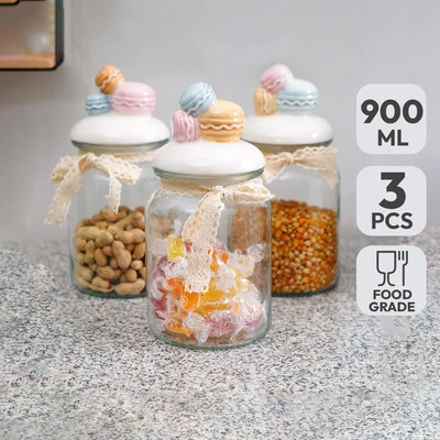 Gambar Informa Stoples Kaca Macaroon 900 ml Set 3 pcs Transparan - Putih