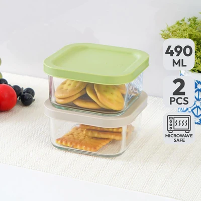 Gambar Glasslock Wadah Makanan Easy Open Square 490 ml Set 2 pcs - Mix