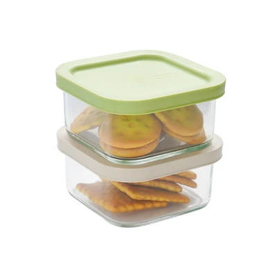 Gambar Glasslock Wadah Makanan Easy Open Square 490 ml Set 2 pcs - Mix