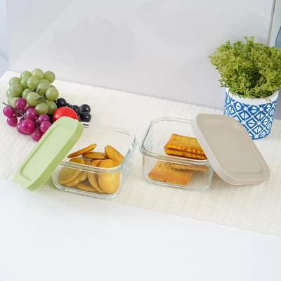 Gambar Glasslock Wadah Makanan Easy Open Square 490 ml Set 2 pcs - Mix