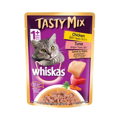 Gambar Whiskas Makanan Kucing Basah Tasty Mix Chicken Tuna Carrot 70 gr
