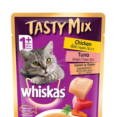 Gambar Whiskas Makanan Kucing Basah Tasty Mix Chicken Tuna Carrot 70 gr