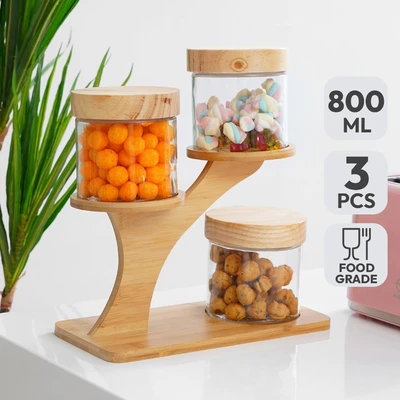 Gambar Informa Cassia Tree Stoples Kaca Dengan Rak 800 ml Set 3 pcs Transparan - Cokelat