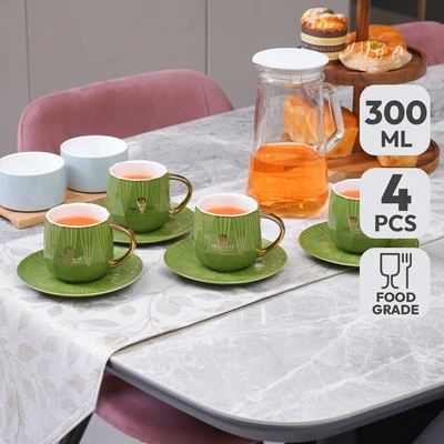 Gambar Appetite Shally Cangkir Dengan Saucer Porcelain 300 ml Set 4 pcs - Hijau