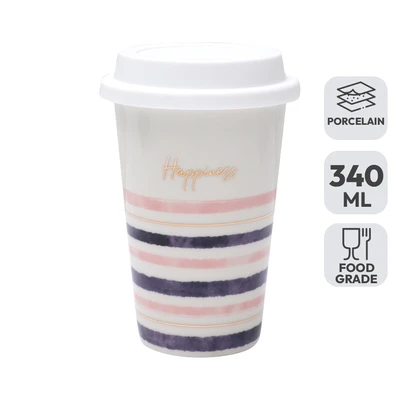 Gambar Delicia Mug Porcelain Dengan Tutup Happiness 340 ml - Putih