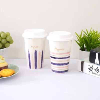 Gambar Delicia Mug Porcelain Dengan Tutup Happiness 340 ml - Putih