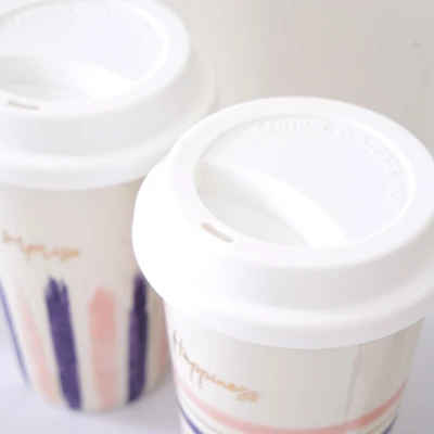 Gambar Delicia Mug Porcelain Dengan Tutup Happiness 340 ml - Putih
