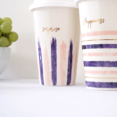 Gambar Delicia Mug Porcelain Dengan Tutup Happiness 340 ml - Putih