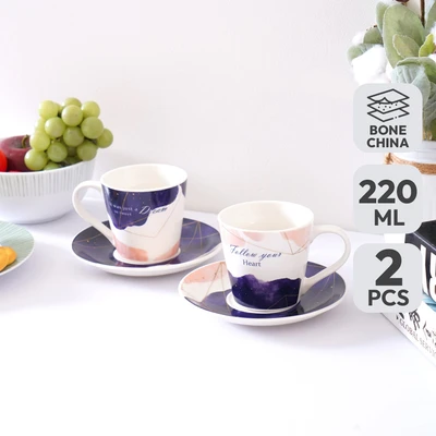 Gambar Delicia Cangkir & Saucer Keramik 220 ml Set 2 pcs - Ungu/Pink