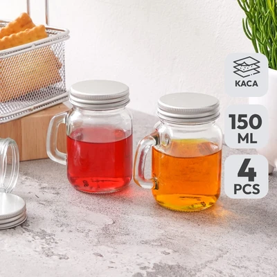 Gambar Delicia Mason Mug Jar Kaca Dengan Tutup 150 ml Set 4 pcs Transparan