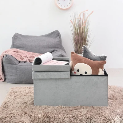 Gambar Informa Bangku Ottoman Lipat Fabric Velvet Double - Abu-Abu