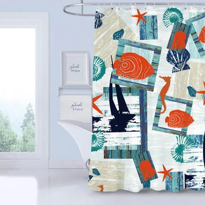 Gambar Forhom Tirai Kamar Mandi Dengan C Hooks Sea 180x180 cm - Biru
