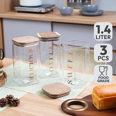 Gambar Informa Krystal Stoples Kaca Square 1.4 Liter Set 3 pcs Transparan