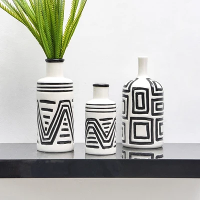 Gambar Informa Stockholm Vas Bunga Keramik 9.3x9.3x20 cm Set 3 Pcs - Hitam/Putih