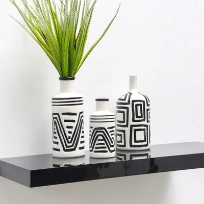 Gambar Informa Stockholm Vas Bunga Keramik 9.3x9.3x20 cm Set 3 Pcs - Hitam/Putih